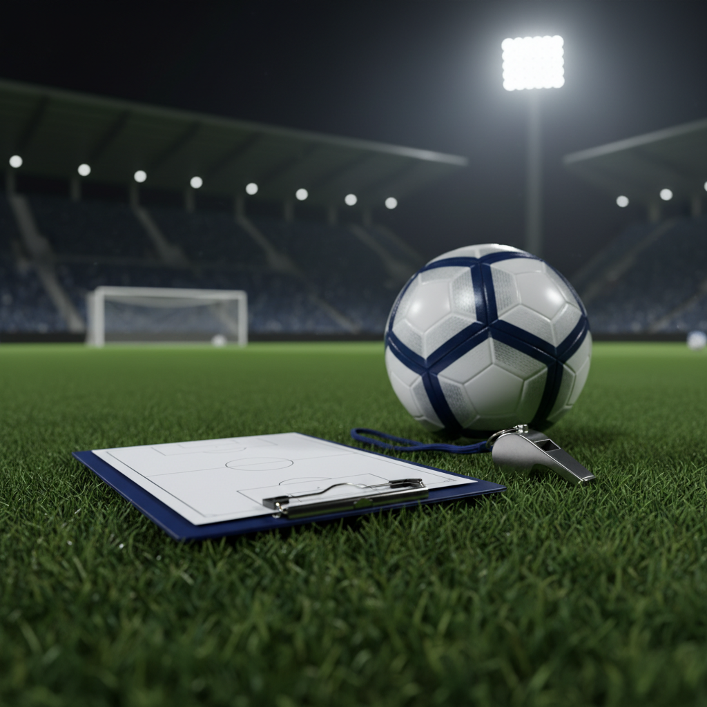 Professional soccer coaching setup on a field at night